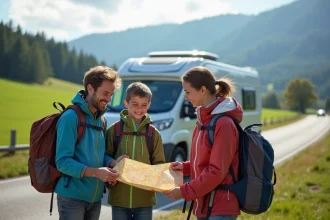Famille heureuse voyageant en camper van sur la route