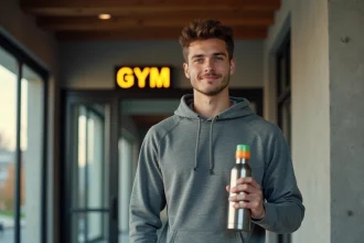 Jeune homme tenant une gourde Air Up en acier inoxydable avec une capsule aromatisée, devant un gymnase urbain moderne