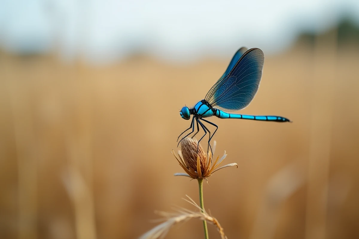 Gros plan d'une libellule bleue aux ailes translucides posée sur une tige séchée dans une prairie dorée, symbole de passage vers l'au-delà