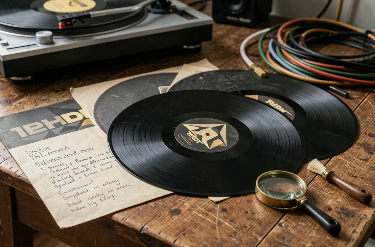 Gros plan sur des vinyles techno et accessoires de collection disposés sur une table en bois
