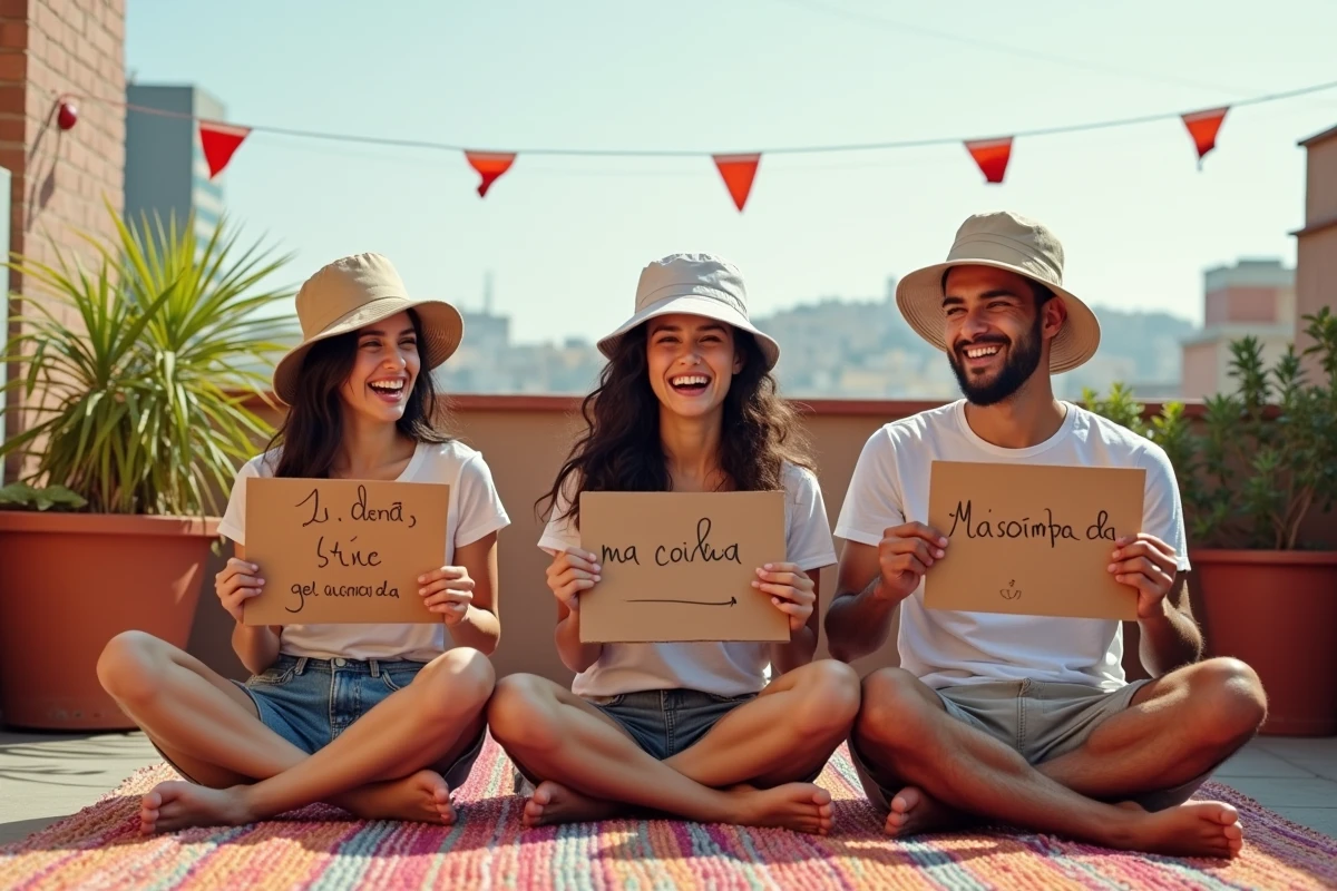 Groupe de jeunes amis tenant des pancartes avec des expressions d'amour en espagnol sur un toit terrasse festif