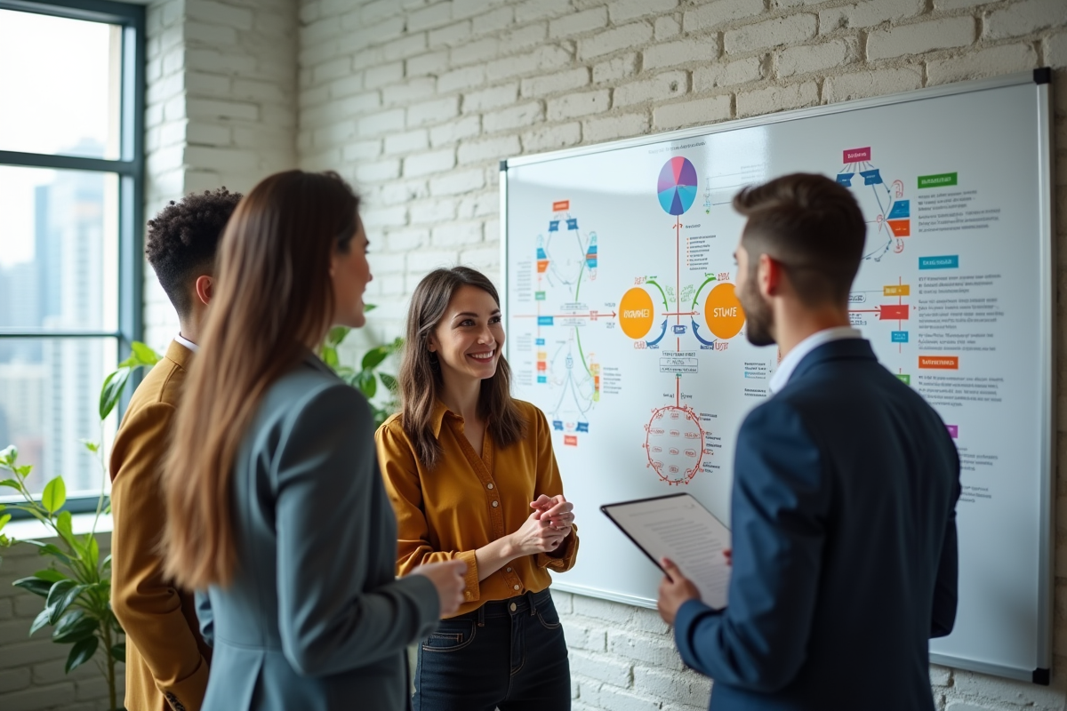 Groupe de professionnels discutant autour d un tableau blanc coloré