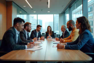 Groupe de collègues divers dans un bureau moderne