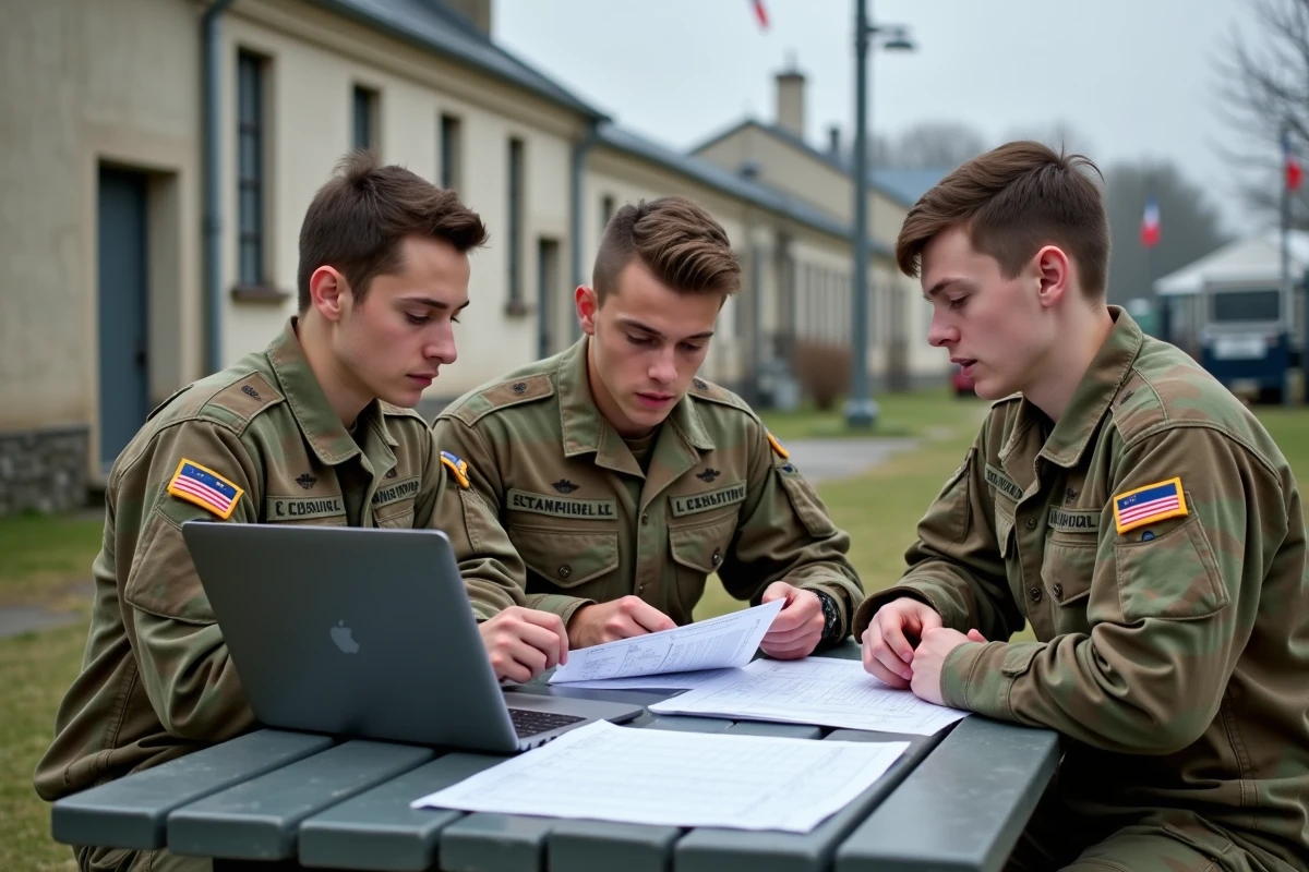 Groupe de jeunes lieutenants de l'armée de terre discutant de leur grille salariale indiciaire devant une caserne militaire