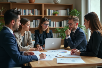 Groupe de professionnels en brainstorming dans un bureau moderne