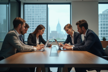 Groupe de quatre professionnels collaborant autour d'une table moderne