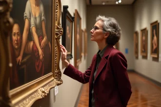 Historienne de l'art examinant de près une peinture classique dans une galerie de musée