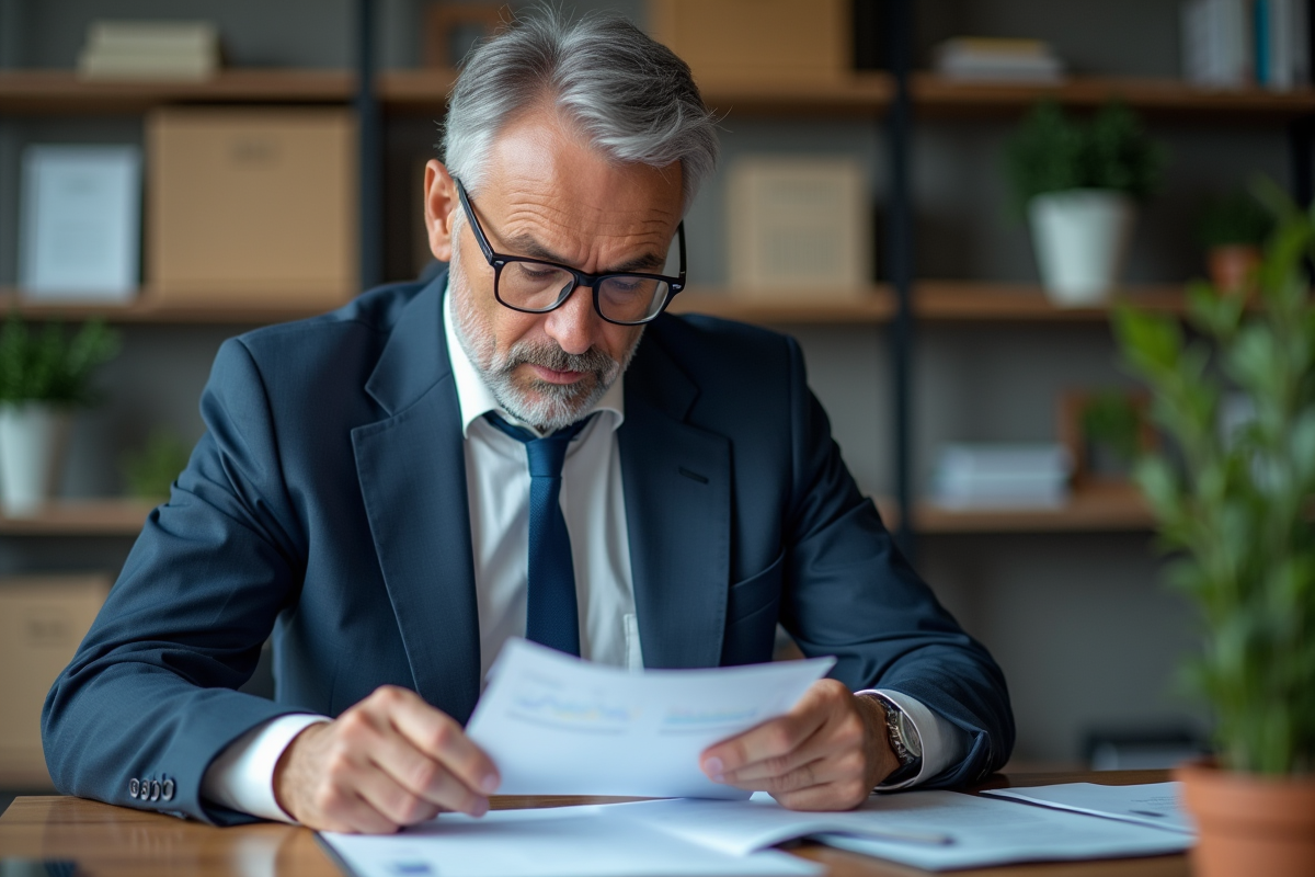 Homme d'affaires en costume analysant des documents financiers