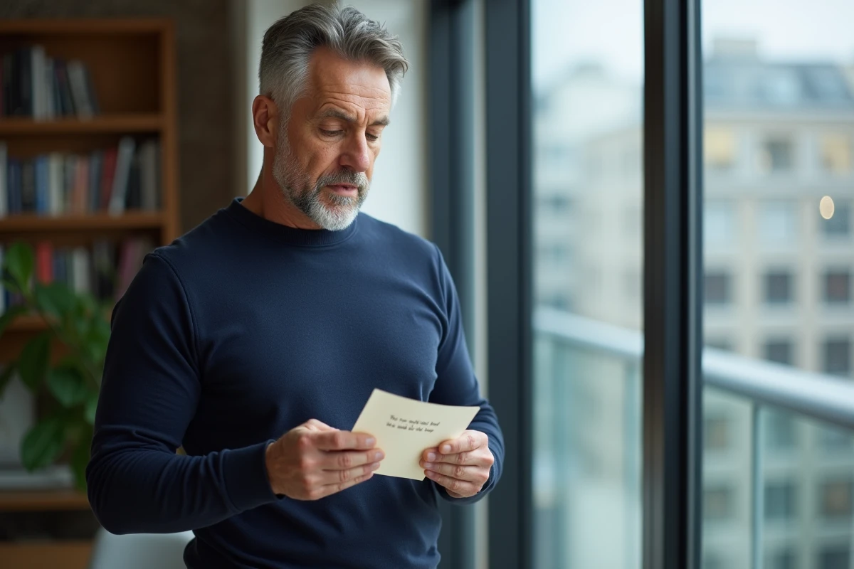 Homme réfléchi tenant une citation écrite à la main pour s'affirmer et poser ses limites