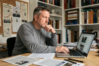 Homme scrutant un blog complotiste sur son ordinateur portable dans un bureau encombré de documents et de fils rouges