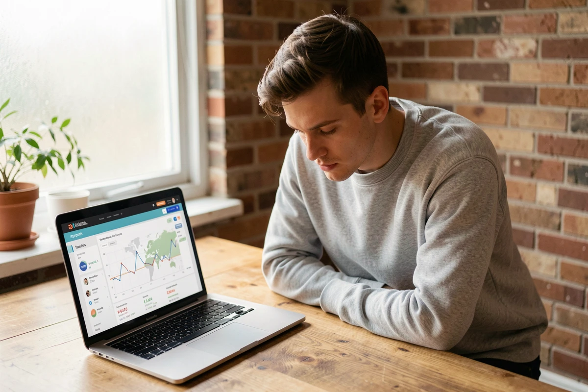Homme travaillant depuis chez lui sur des données analytiques de trafic web avec un ordinateur portable