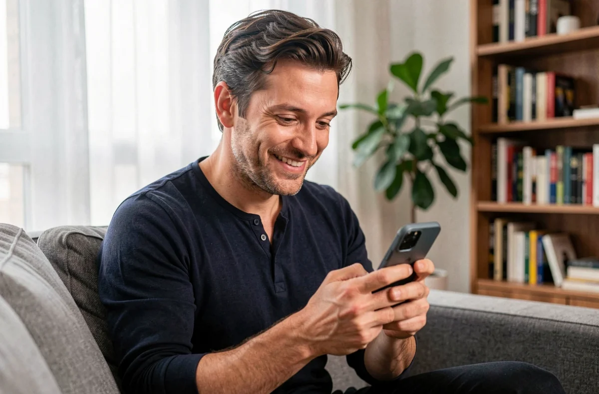 Homme consultant une application de rencontre gratuite sur smartphone dans son appartement moderne