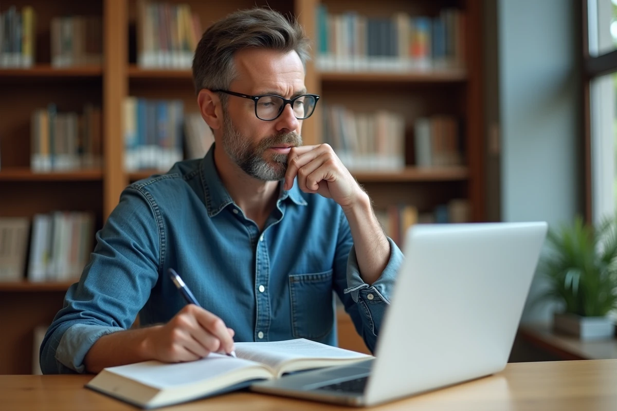 Homme d'âge mûr consultant un livre de grammaire française dans une bibliothèque pour comprendre l'usage de serais ou serai