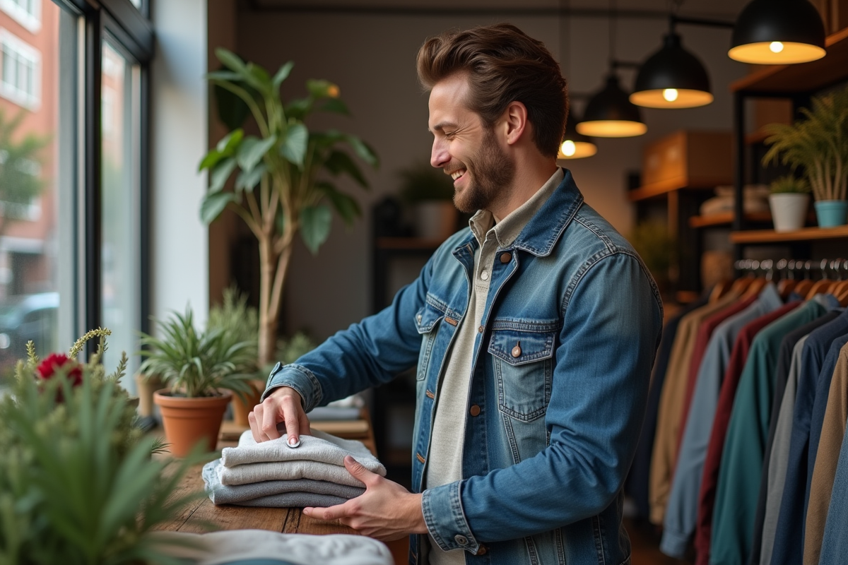Homme souriant dans une boutique de vêtements upcyclés en ville