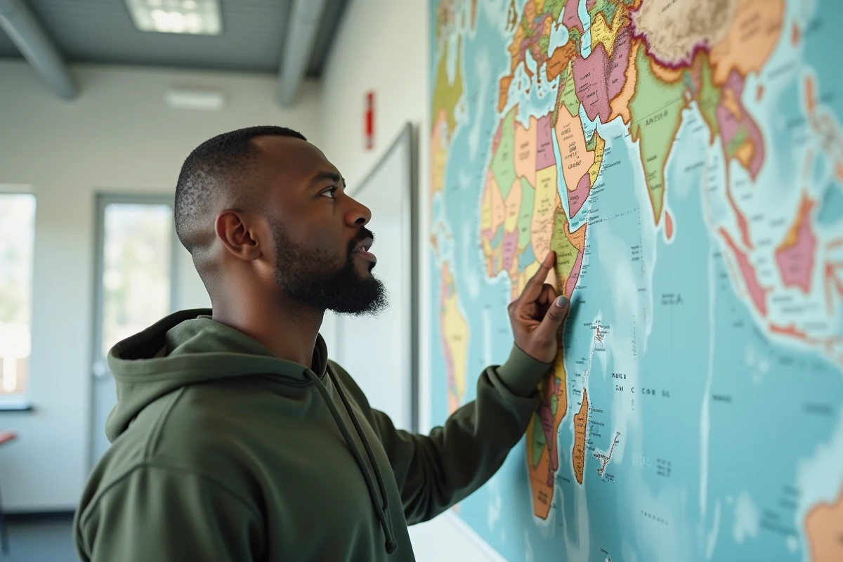 Homme montrant la position de Mayotte sur une grande carte murale de l'Afrique en salle de classe