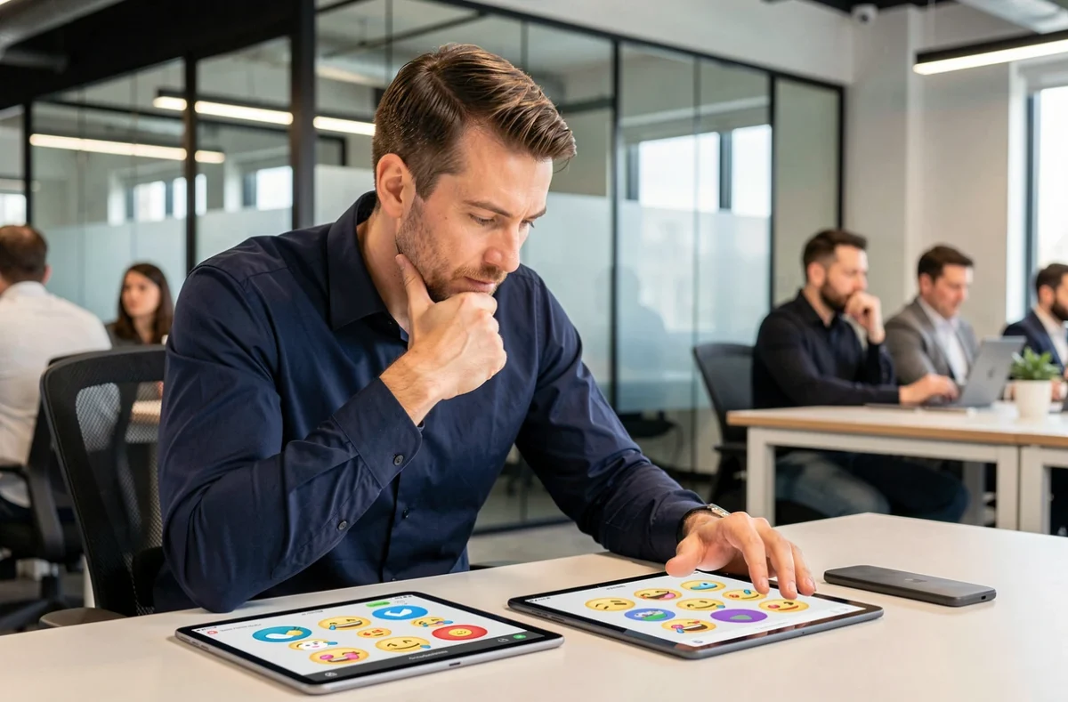 Homme en bureau comparant des emojis différents sur deux tablettes selon les plateformes