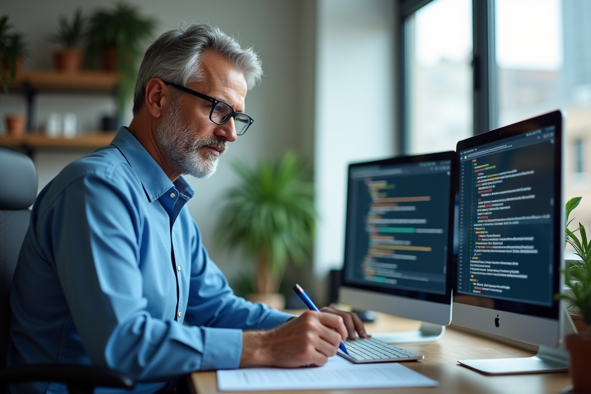 Homme prenant des notes en comparant des langues au bureau