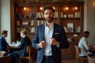 Homme élégant en ville dans un café chic