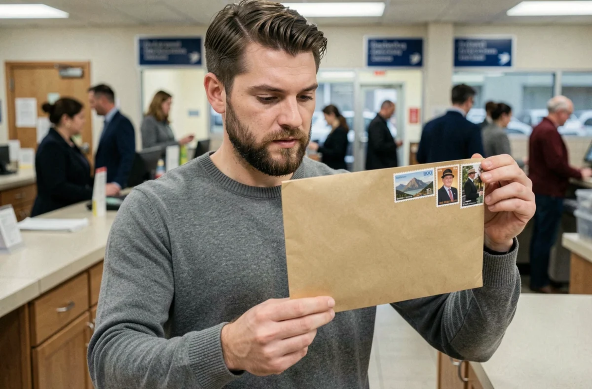 Homme tenant une enveloppe avec plusieurs timbres dans un bureau de poste, examinant leur placement correct