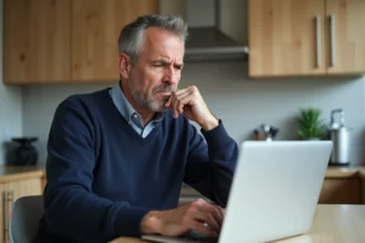 Homme d'âge moyen frustré devant son ordinateur dans la cuisine