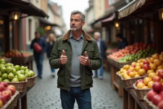 Homme pensif entre paniers de fruits sur marché européen