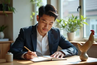 Homme asiatique en réflexion dans un bureau lumineux