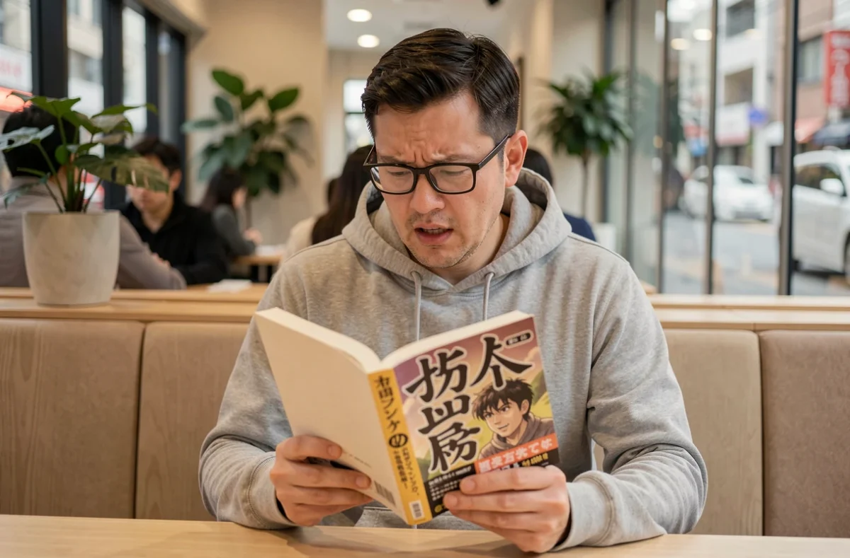 Homme avec lunettes ému par la lecture d'un manga dans un café japonais moderne