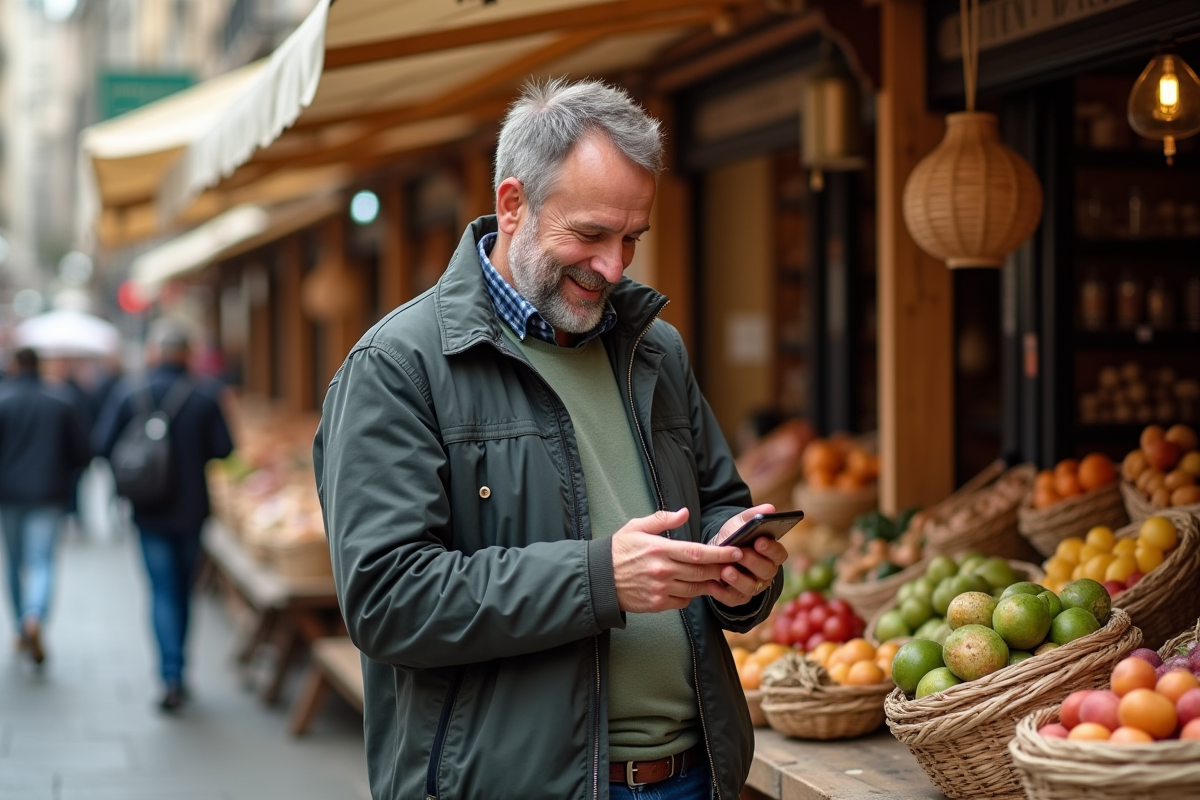 Homme au marché vérifiant inventaire sur son téléphone