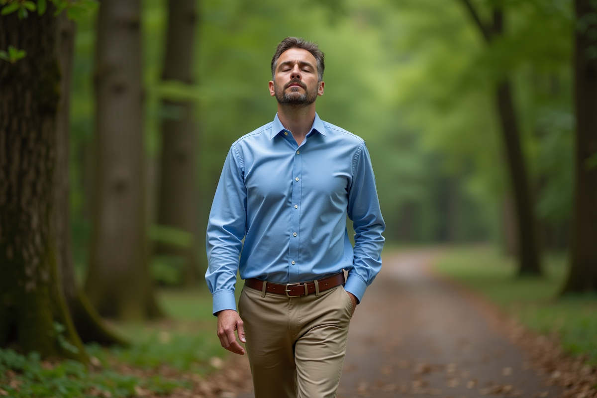 Homme méditant marchant dans une forêt au matin