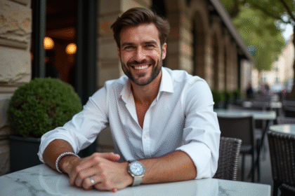 Homme élégant avec bijoux dans un café parisien