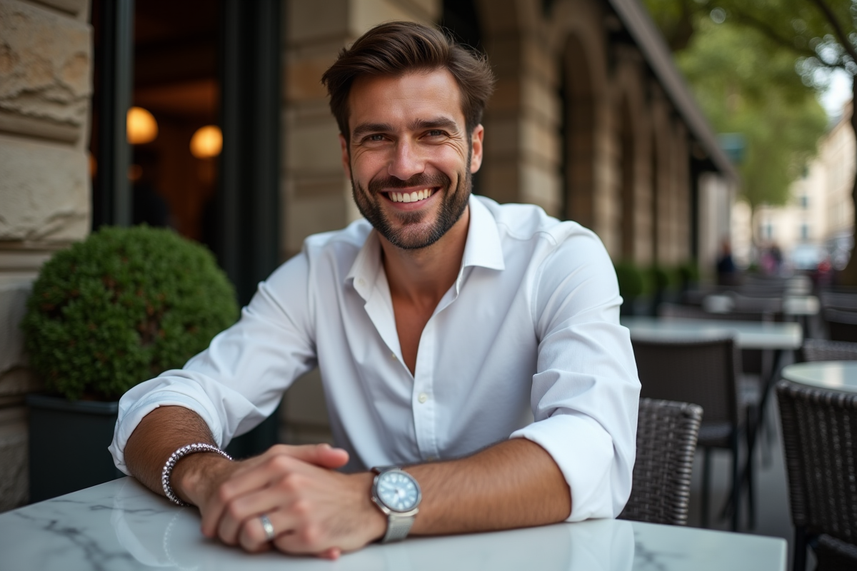 Homme élégant avec bijoux dans un café parisien