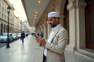 Homme nord-africain vérifiant l'heure de prière devant une mosquee moderne