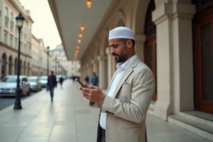 Homme nord-africain vérifiant l'heure de prière devant une mosquee moderne