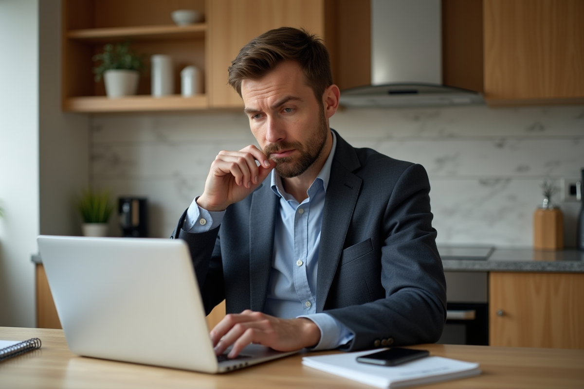 Homme réfléchi en intérieur examine des annonces immobilières