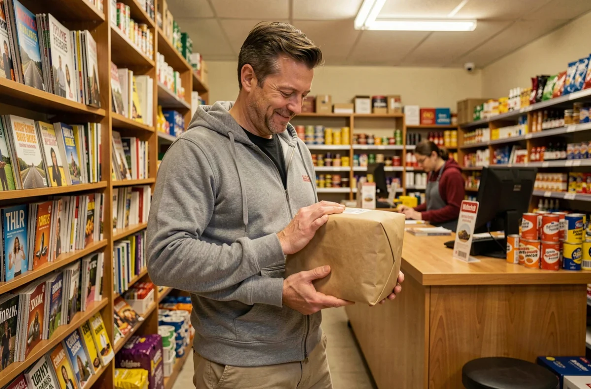 Homme récupérant un colis Vinted dans un point relais tabac-presse avec vérification de l'étiquette