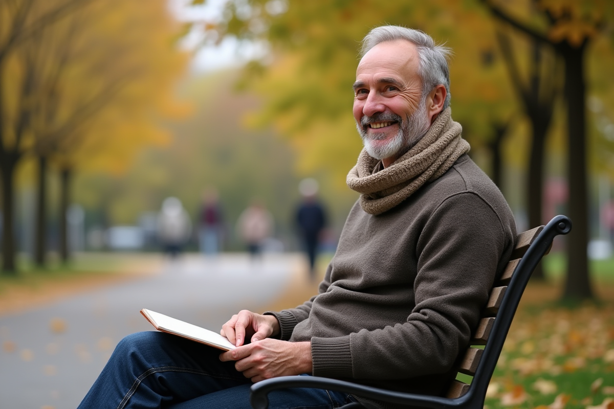 Homme retraité souriant dans un parc avec un carnet