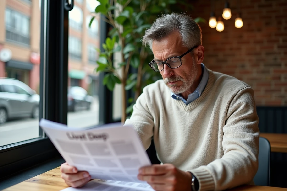 Homme concentré lisant un livret financier au café