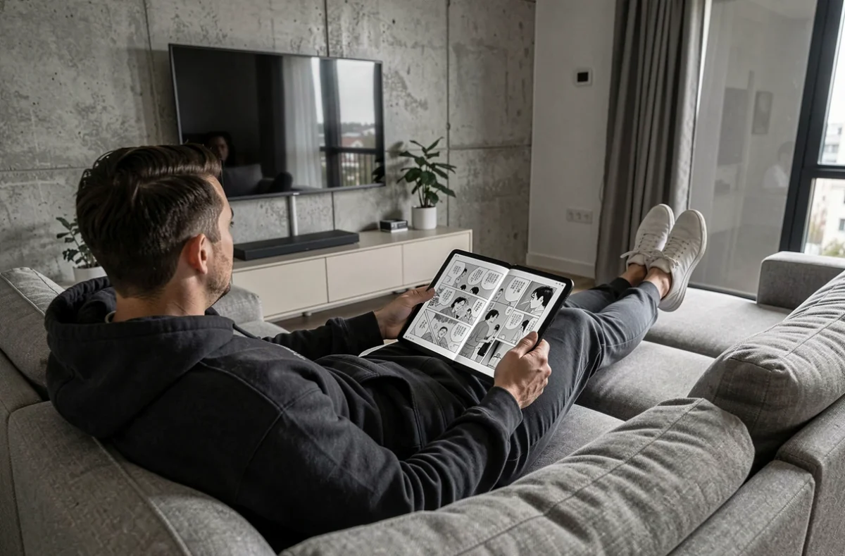 Homme allongé sur un canapé avec une tablette affichant un scan manga en pleine page dans un appartement moderne