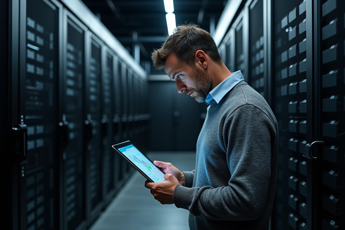 Homme dage moyen vérifiant un serveur dans un centre de données technologique