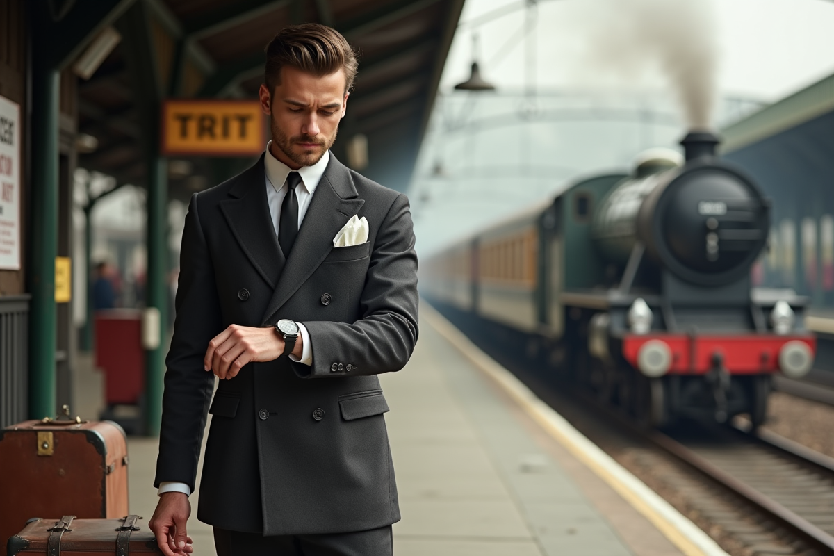 Homme en costume vintage à la gare