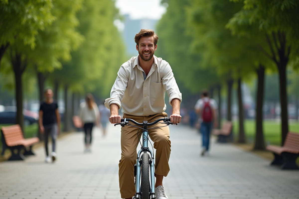 Jeune homme en vélo dans un parc urbain avec pantalons en chanvre