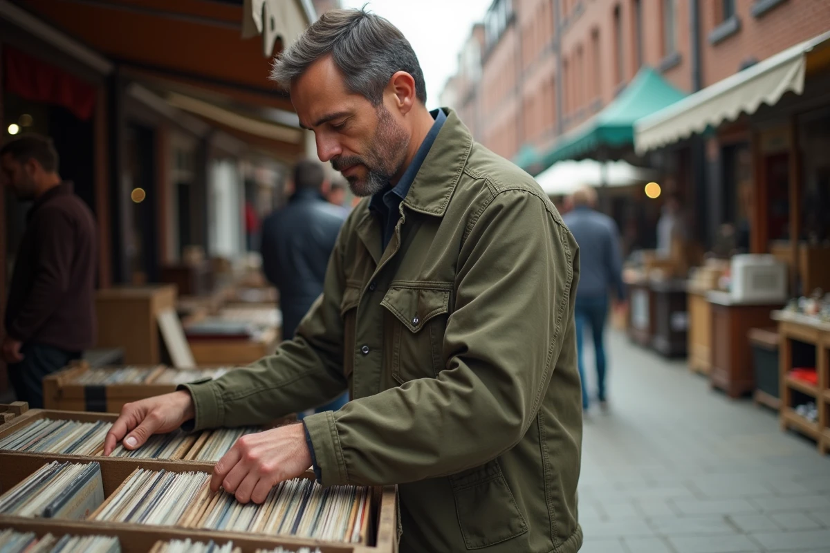 Homme feuilletant des disques vinyles dans une caisse en bois lors d'une braderie de week-end