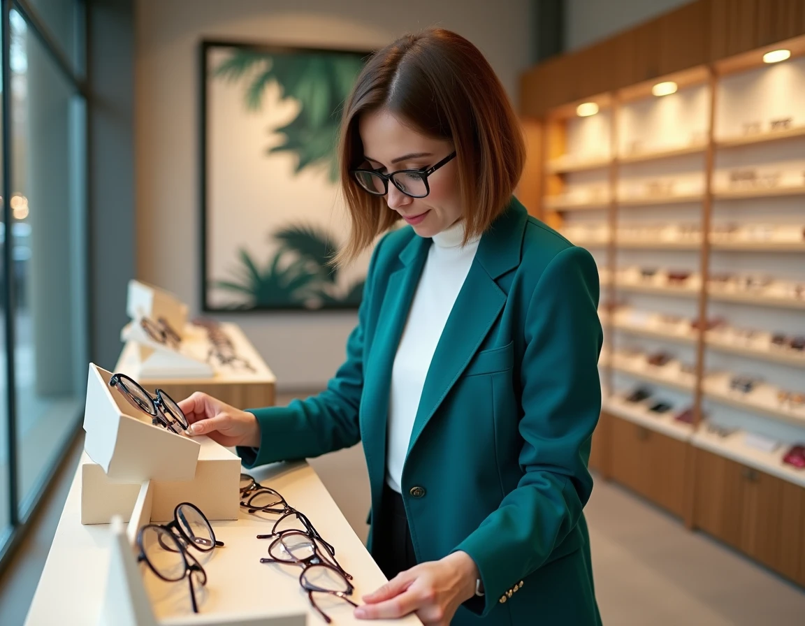 Identité Visuelle à Grenoble, opticienne arrangeant des montures sur une étagère design dans une boutique à l'identité graphique forte