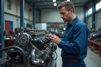 Ingénieur automobile homme examinant un moteur dans un atelier