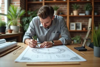 Ingénieur traçant un cercle au compas sur papier millimétré avec calculatrice scientifique posée sur une table de travail en bois