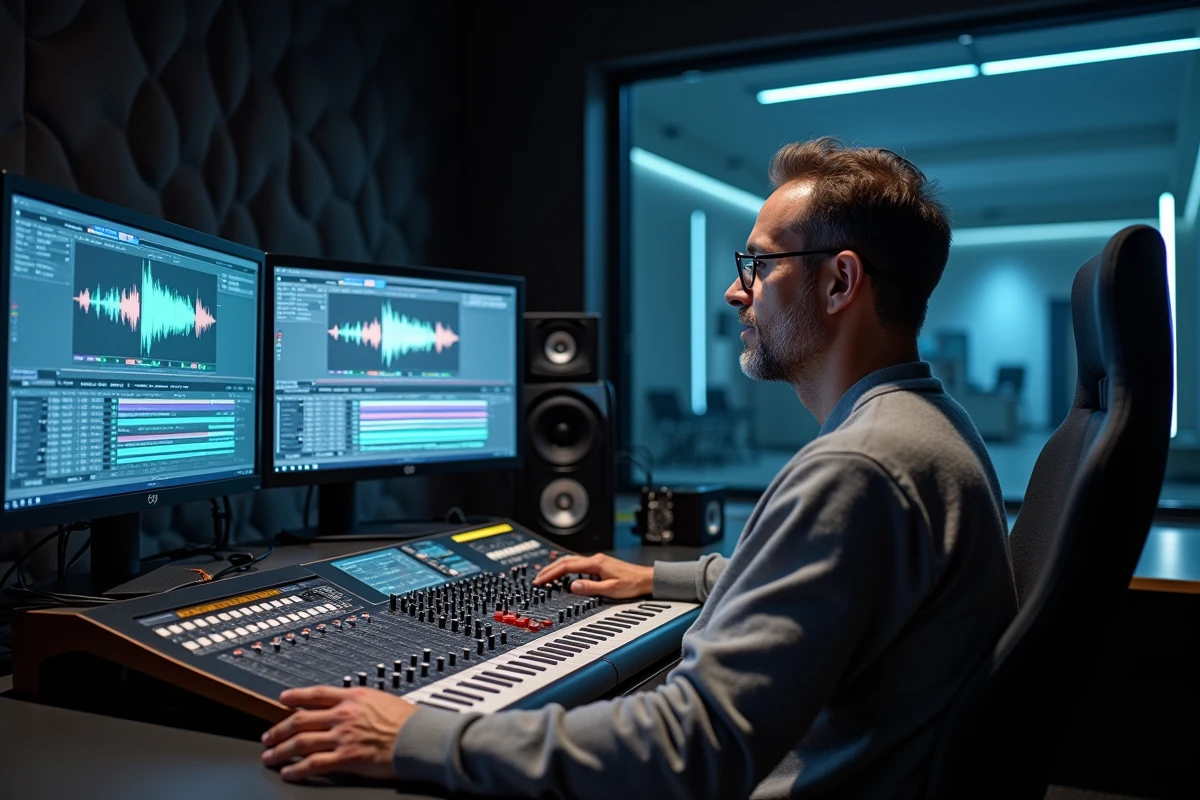 Ingénieur du son professionnel au pupitre de mixage audio travaillant sur la version française d'un film d'animation, avec waveformes et images animées sur écran