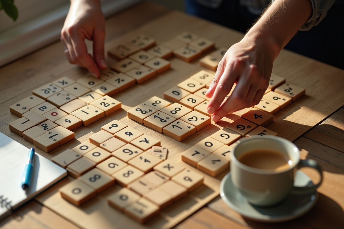 Mains manipulant les tuiles de Rummikub avec un café à côté