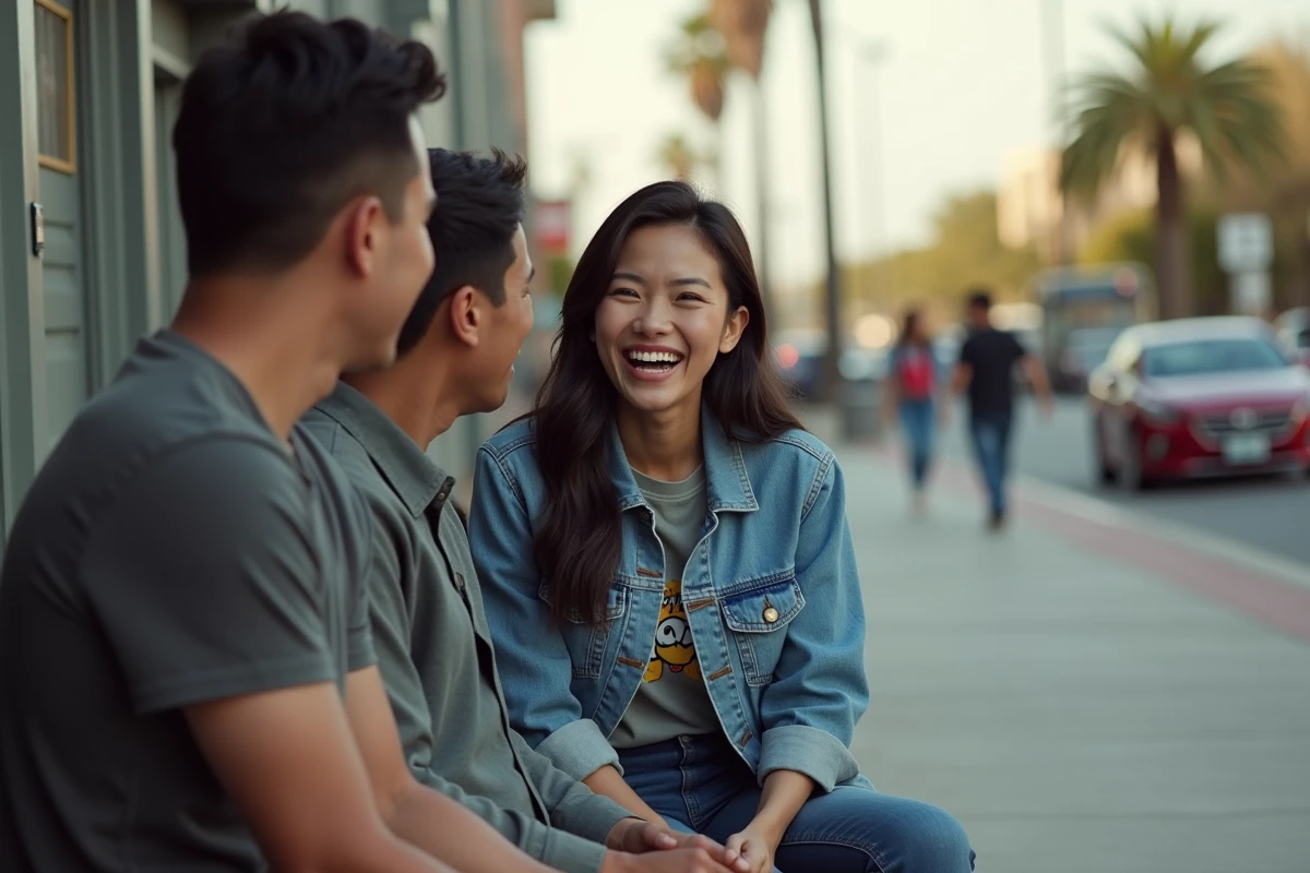 Jeune actrice asiatique riant avec ses collègues en extérieur