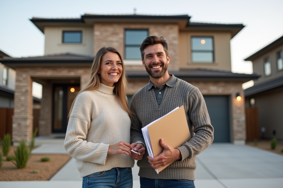 Jeune couple souriant devant leur maison neuve