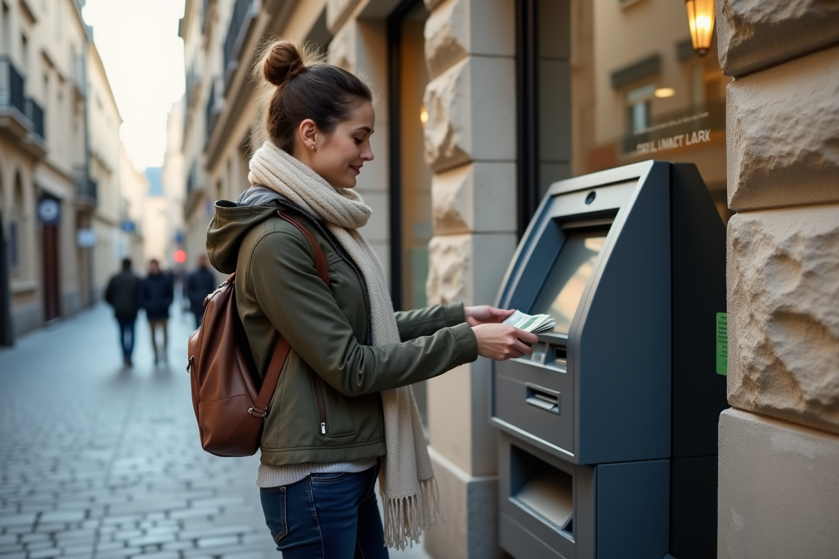 Jeune femme retire de l'argent à un distributeur en ville